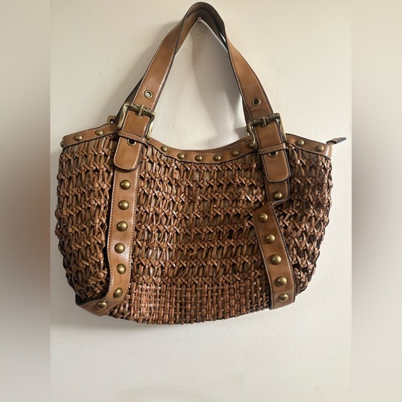 KATHY VAN ZEELAND Shoulder Bag Purse Women's Woven Tan Leather Brass Hardware - Picture 1 of 6